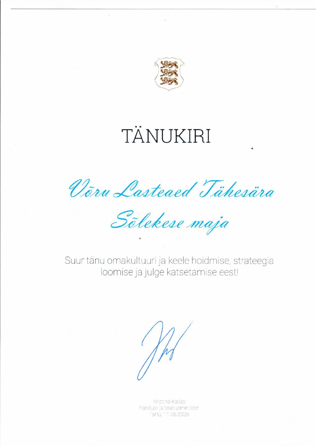 Tänukiri umakultuuri ja keele hoidmise eest